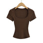 Square Collar High Stretch Summer Crop Tops Women Short Sleeve Tops Sexy Pullover Bottoming Blouses Slim T-shirt