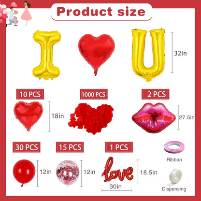 I Love You set Blue Sliver/red balloons kit Include Heart Shaped Balloons and Artificial Rose Petals Kit for Valentines Party