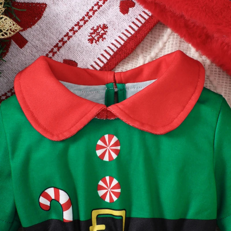 Baby Girls Elf Costume Outfit Infant Long Sleeve Doll Collar Romper Dress with Hat 2 Pcs Christmas Set