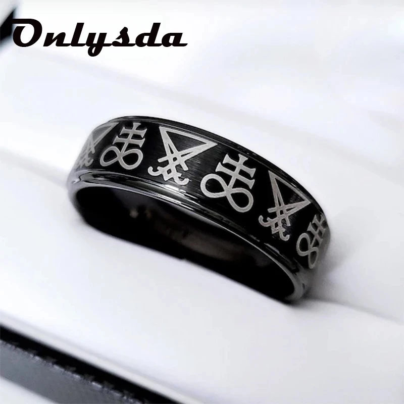 Vintage Lucifer Seal Signet Ring – Gothic Punk 316L Stainless Steel Black Stone