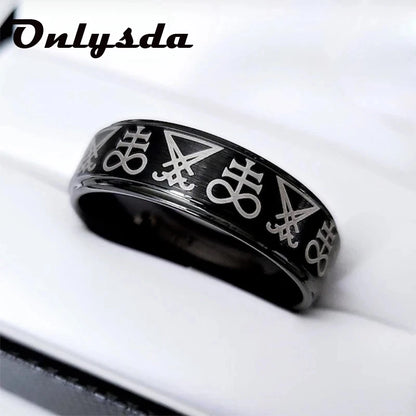 Vintage Lucifer Seal Signet Ring – Gothic Punk 316L Stainless Steel Black Stone