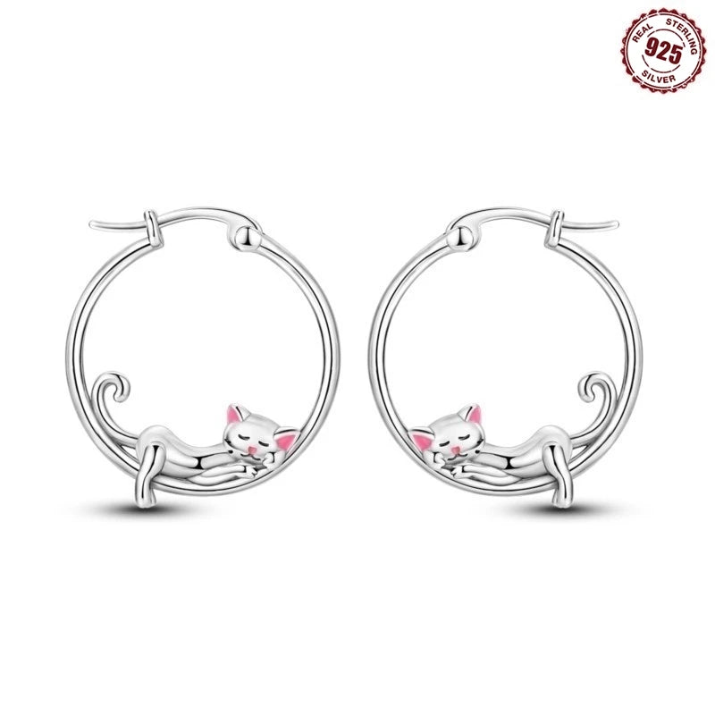 925 Sterling Silver Hoop Earrings Simple Sleeping Cat Earrings For Engagement Wedding Party Birthday Jewelry Gift