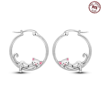 925 Sterling Silver Hoop Earrings Simple Sleeping Cat Earrings For Engagement Wedding Party Birthday Jewelry Gift