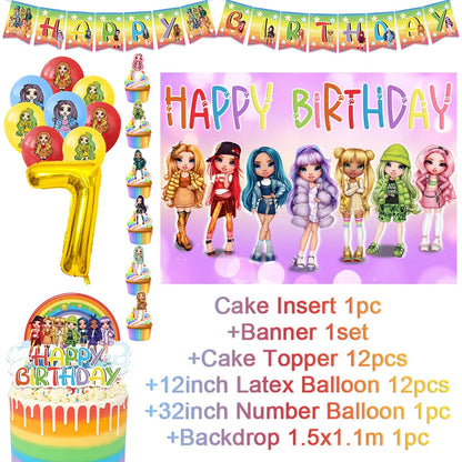 Cartoon Rainbow Doll High School Theme Background Birthday Party Decoration Supplies Disposable Cup Cutlery Balloon Baby Gift