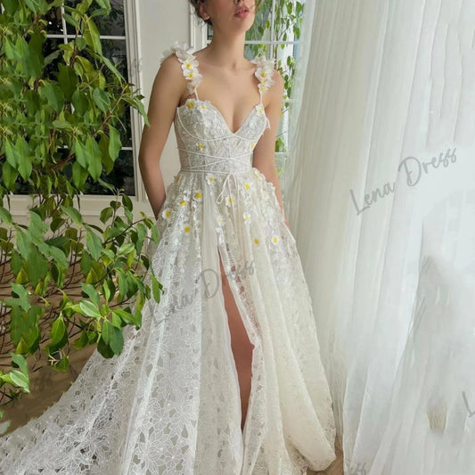 Handmade Flowers Evening Dresses for Special Occasions Lena Prom Dresses Sale Lace White Line A Simple and Elegant Formal Dress