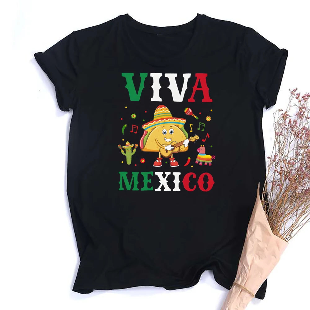 Viva Mexico Print Crew Neck T-shirt Summer Short Sleeve Casual Top Women's Mexican Flag Pattern T-shirt Clothes