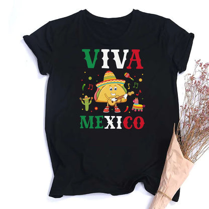 Viva Mexico Print Crew Neck T-shirt Summer Short Sleeve Casual Top Women's Mexican Flag Pattern T-shirt Clothes