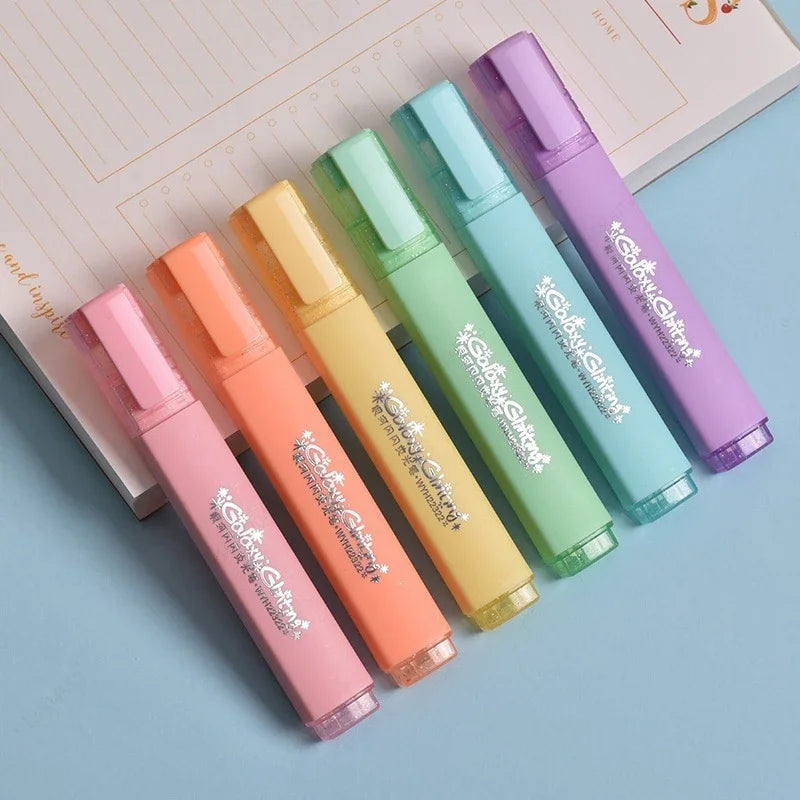 6 Colors/box Fine Fluorescent Glitter Highlighter Marker Pen Set