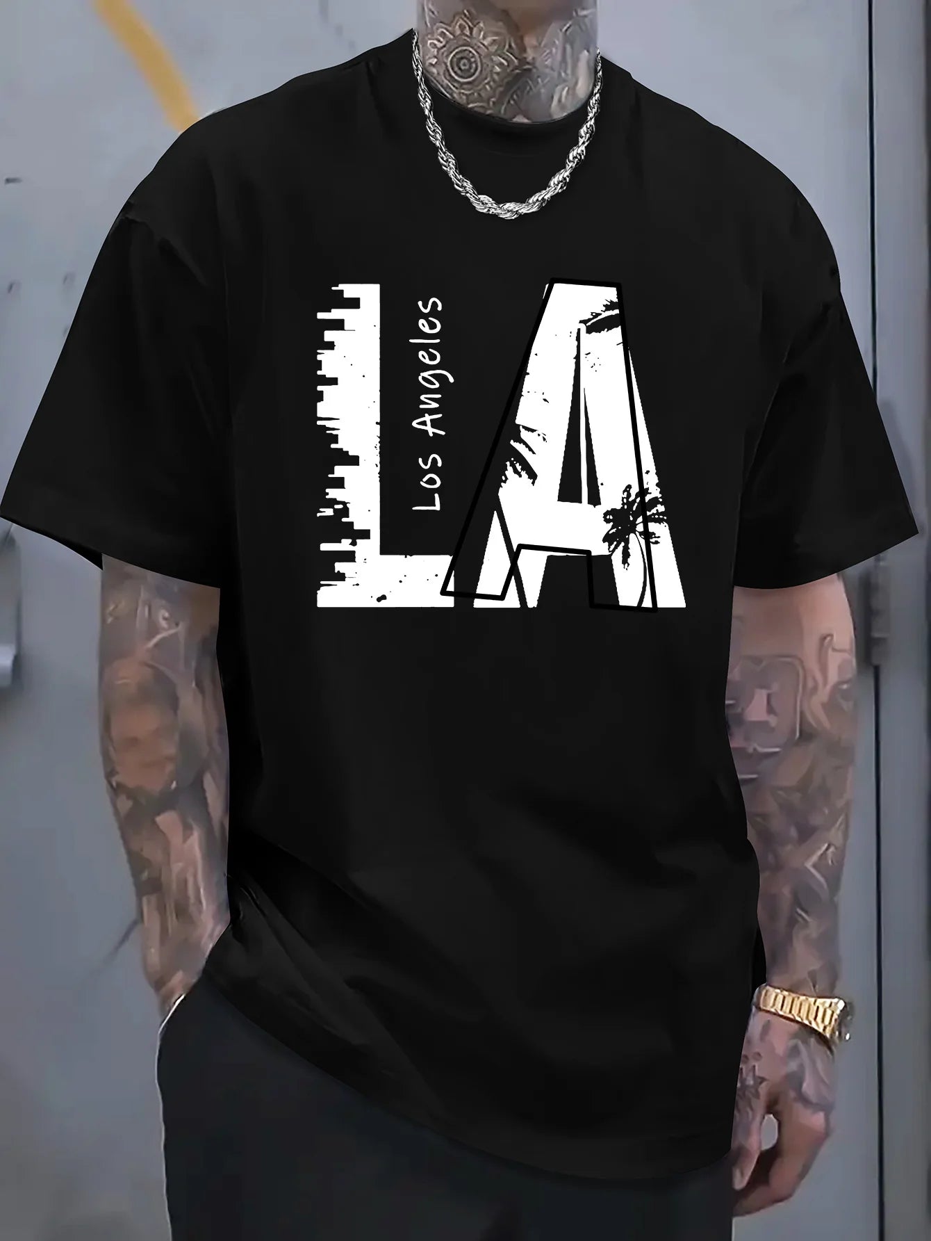 Men's summer 100 cotton fashionable casual loose plus size Los Angeles letter printed sports round neck short sleeved T-shirt