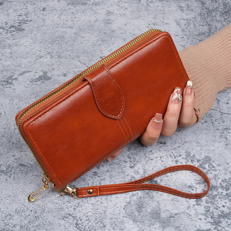 Hot selling cross-border oil wax zipper wallet for women, European and American retro card bag, large capacity mobile phone bag,