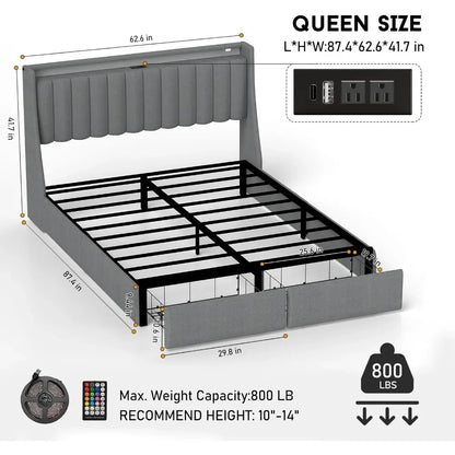 Queen Bed Frame with 2 Storage Drawers,Charging Station,Storage Headboard and LED Lights,Remote Control/Noise-Free/Dark Gray