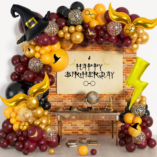 Magical Wizard School Balloons Garland Arch Kit Burgundy Black Gold Snitch Wizard Hat for Halloween Magic Themed Birthday Party