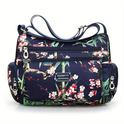 Floral Print Crossbody Bag, Trendy Nylon Shoulder Bag, Women's Multi Layer Messenger Bag For Travel