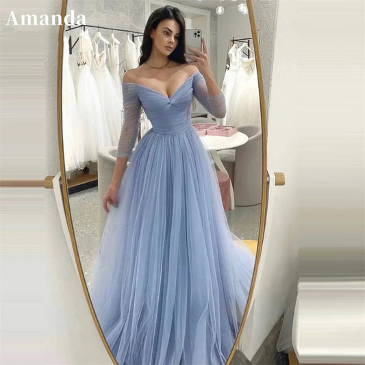 Amanda Baby Blue A-line Evening Dress Long Sleeve Prom Dress Customized Sexy V-neck Party Dress Elegant Tulle Prom Gown