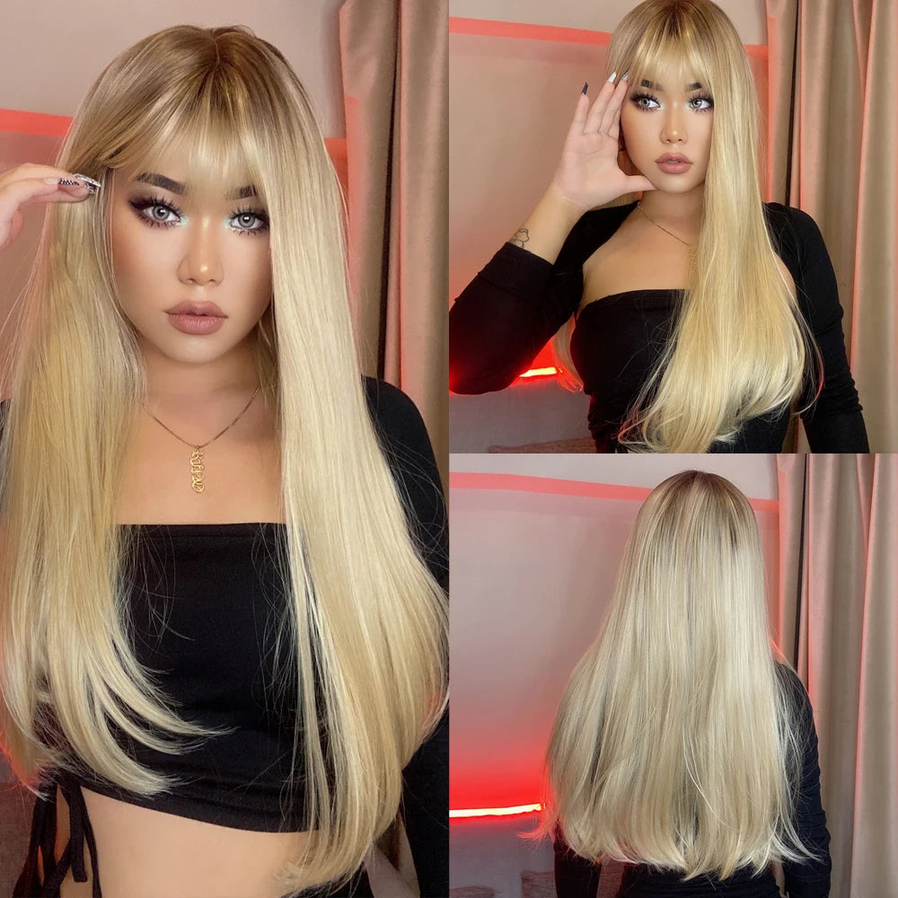 Long Straight Blonde Synthetic Wigs highlight Golden Hair Natural Female wig Middle Part Wigs For Cosplay Party Heat Resistant