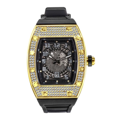 MISSFOX New Men Wrist Watches Tonneau Rubber Strap Waterproof Male Quartz Watch Unique Classic Gold Hollow Men's Clocks Gifts