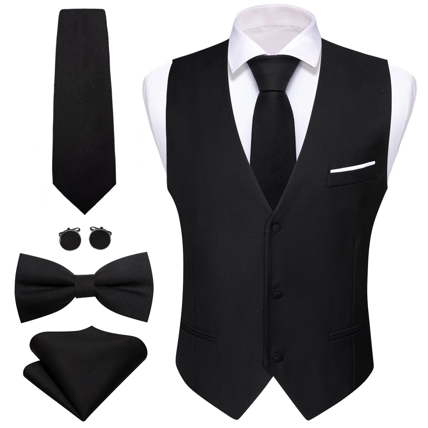 Designer Men's Vest Solid Silk Satin Waistcoat Tie Bowtie Hanky Set