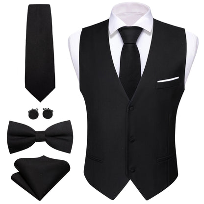 Designer Men's Vest Solid Silk Satin Waistcoat Tie Bowtie Hanky Set