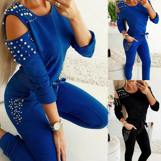 2 Pieces Set Women Outfit Sexy Round Collar Long Suit Sports Set