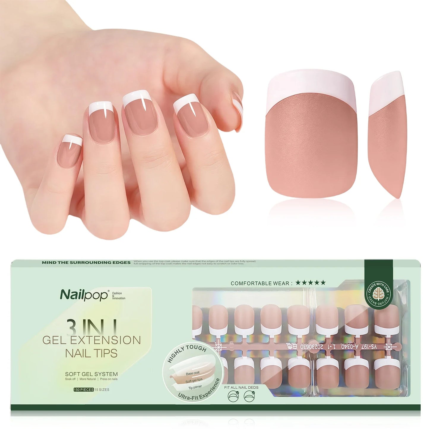 150PCS Short Coffin Press on Nails 3 in 1 Coat Soft Gel Nail Tips French Tip 15 Sizes