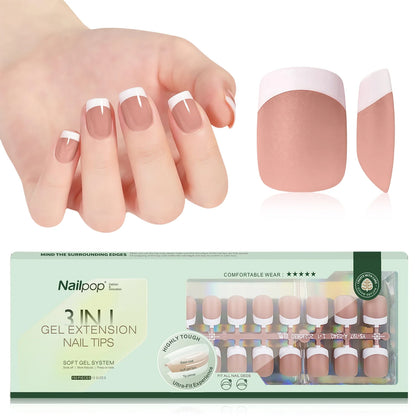 150PCS Short Coffin Press on Nails 3 in 1 Coat Soft Gel Nail Tips French Tip 15 Sizes