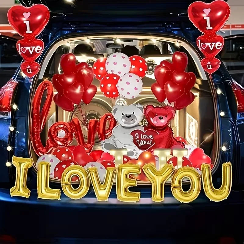 Valentine’s Day Foil Balloon Set – “I Love You” Letters, Hearts & Bear Romantic Party Decor