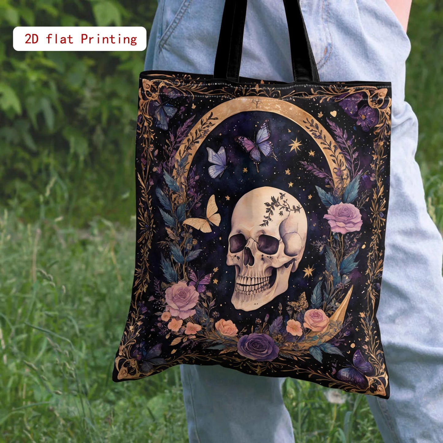 Women’s Gothic Skull Floral Tote – Large Capacity Open‑Top Purse (Purple / Black / Gold)