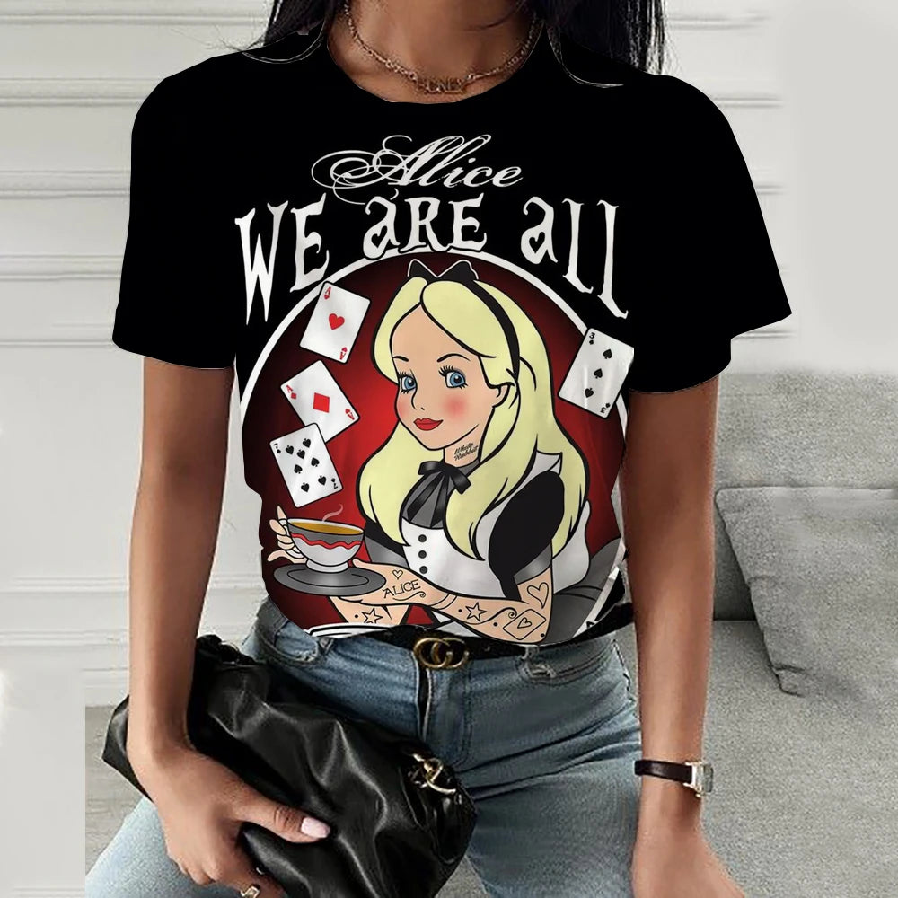 Disney Princess Cartoon Printed Women T-shirt  Short Sleeve Casual Round Neck