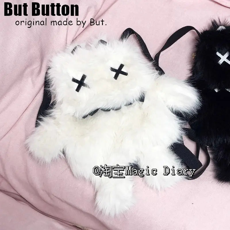 Gothic Lolita Y2K Plush Little Monster Backpack – Black & White Cute School Bag