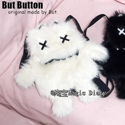 Gothic Lolita Y2K Plush Little Monster Backpack – Black & White Cute School Bag
