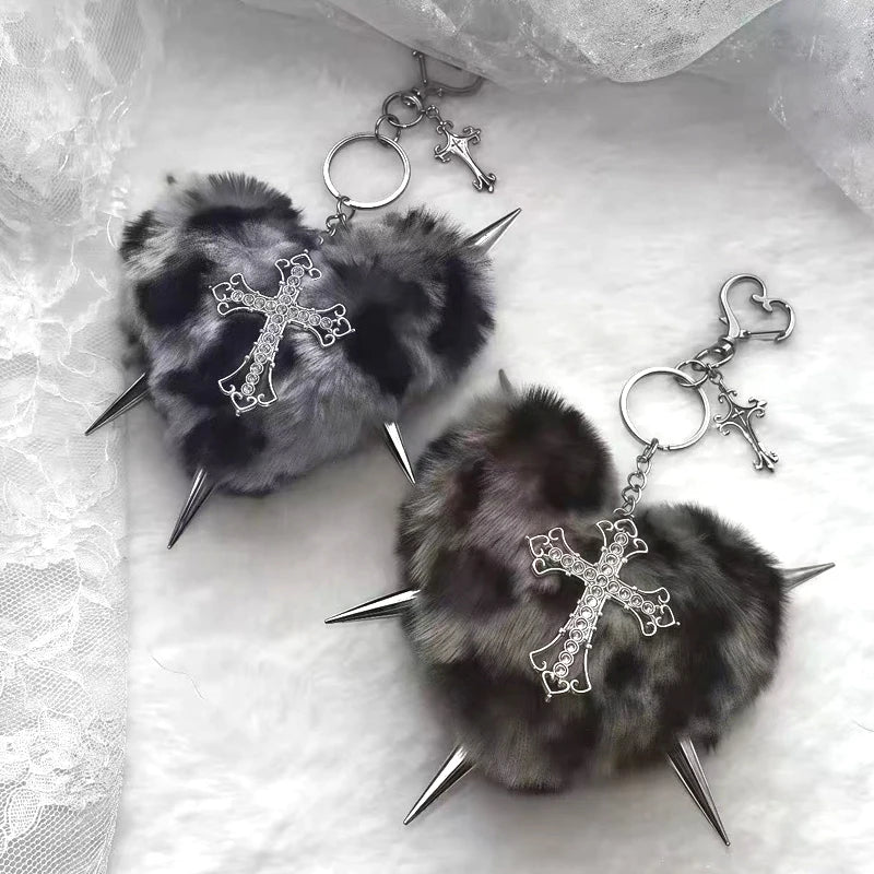 Punk Leopard Print Rivet Cross Keychain – Cool Grunge Rock Heart Bag Charm & Gothic Accessory