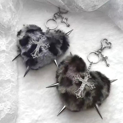 Punk Leopard Print Rivet Cross Keychain – Cool Grunge Rock Heart Bag Charm & Gothic Accessory