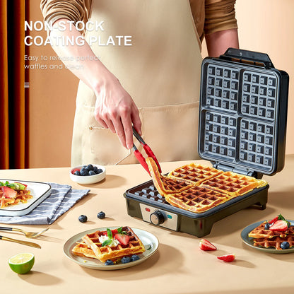 4-Slice Belgian Waffle Maker, 3 Browning Levels with Nonstick Square Waffler Iron Plates, 1200 Watts, Compact Design