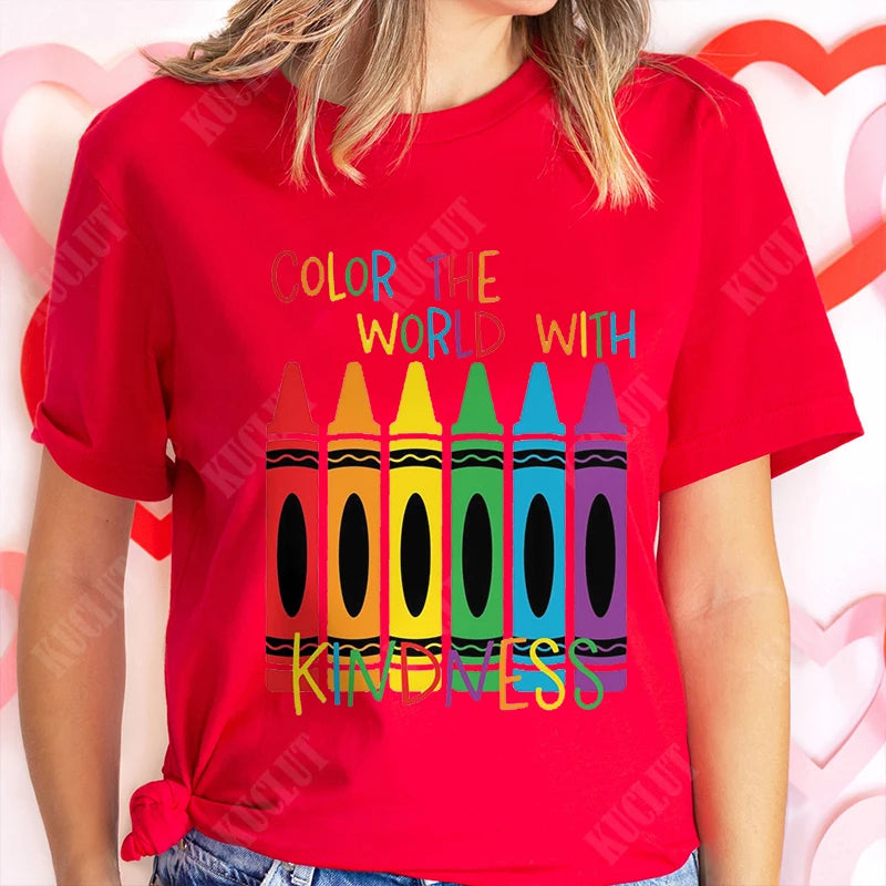 Color The World with Kindness T Shirt for Women Clothing Back To School Tops Teachers' Day Gift Harajuku Short Sleeve Tees
