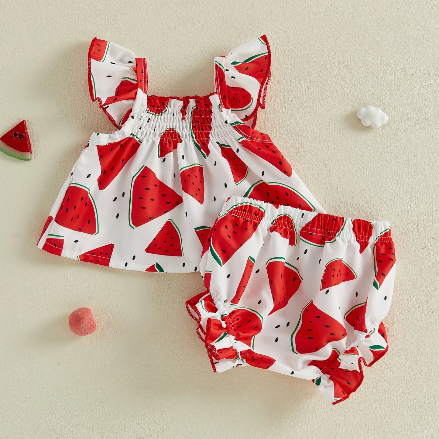 Baby Girl Summer Outfits Watermelon Sunflower Ocean Print Ruffled Trim A Line Flying Sleeve Tops and Shorts 2 Pcs Set