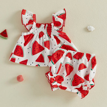 Baby Girl Summer Outfits Watermelon Sunflower Ocean Print Ruffled Trim A Line Flying Sleeve Tops and Shorts 2 Pcs Set