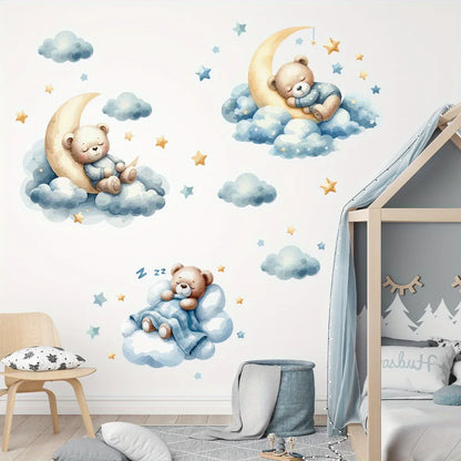 1Pc Cartoon Teddy Bear Sleeping on Clouds Animal Wall Stickers Room Decor Bedroom Children Kids Room Decoration Wall Decals Home