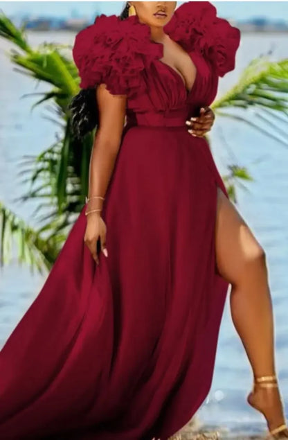 Women's Puff Mesh Short Sleeves Party Side Split Deep V Neck Sexy Club Birthday Dresses Plus Size