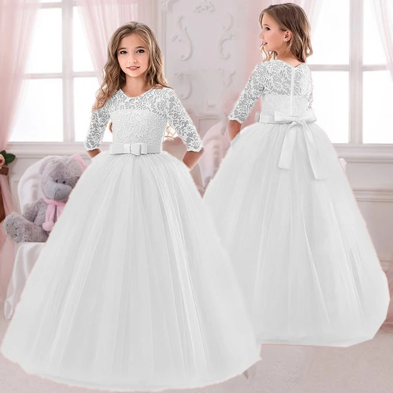 Girl's Elegant Tulle Bow Dress for Party Bridesmaid Wedding Ball Gown Princess First Communion Dress