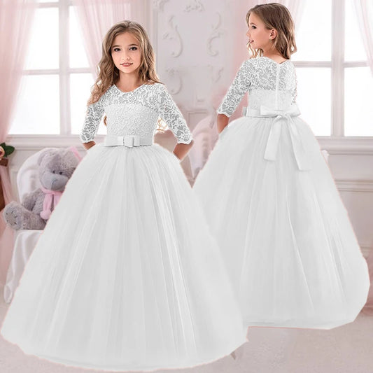 Girl's Elegant Tulle Bow Dress for Party Bridesmaid Wedding Ball Gown Princess First Communion Dress