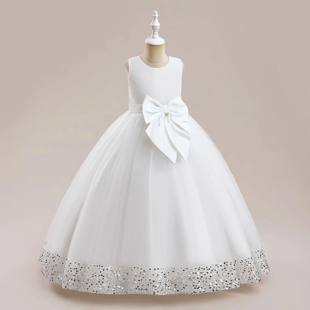 Girls Fluffy Sequin Bridesmaid Princess Elegant Bow Wedding Prom Evening Party Dresses