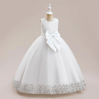 Girls Fluffy Sequin Bridesmaid Princess Elegant Bow Wedding Prom Evening Party Dresses