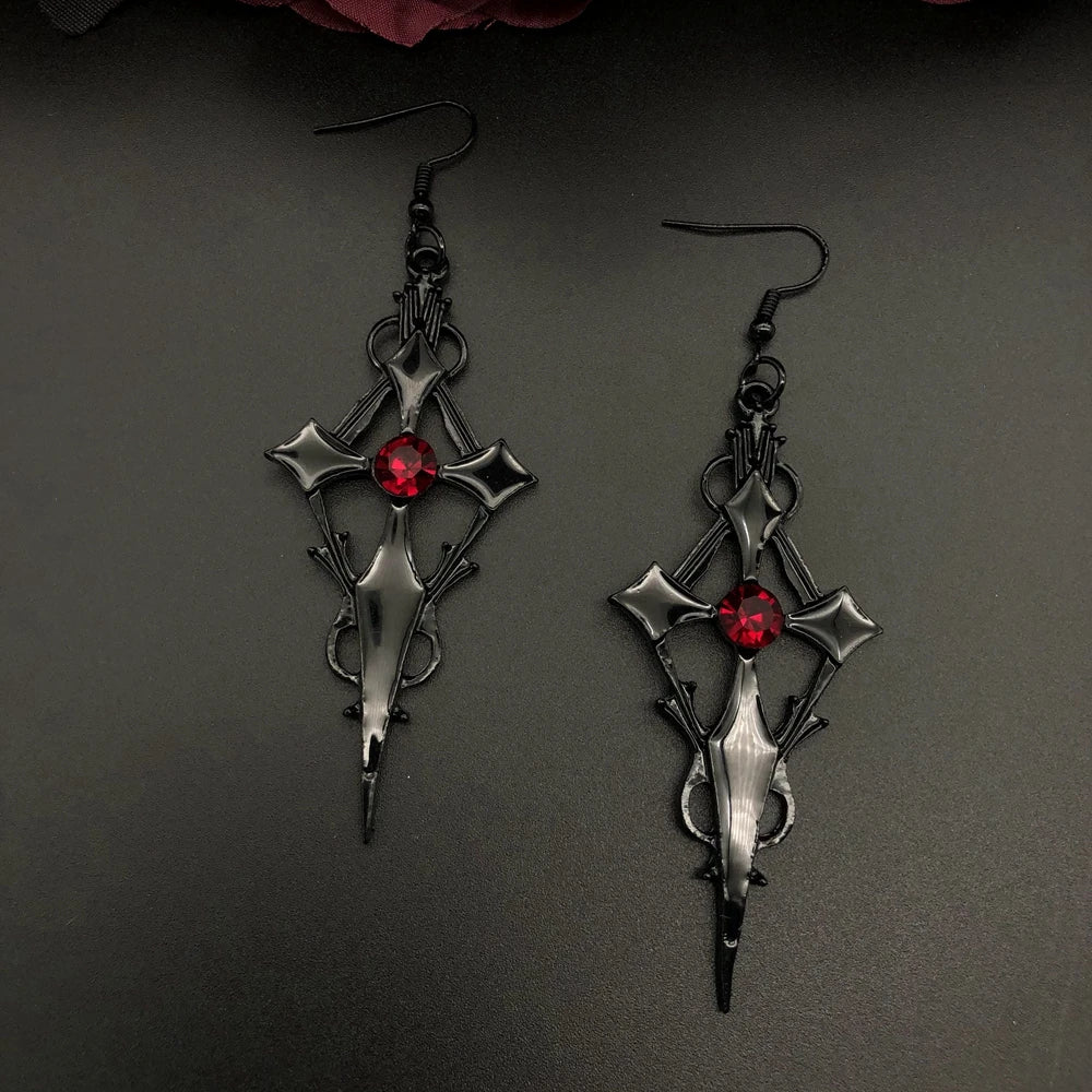 Gothic Punk Earrings Steampunk Black Cross Metal Red Rhinestone Ear Pendant for Women Girl Ear drop