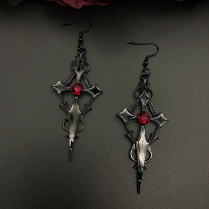 Gothic Punk Earrings Steampunk Black Cross Metal Red Rhinestone Ear Pendant for Women Girl Ear drop