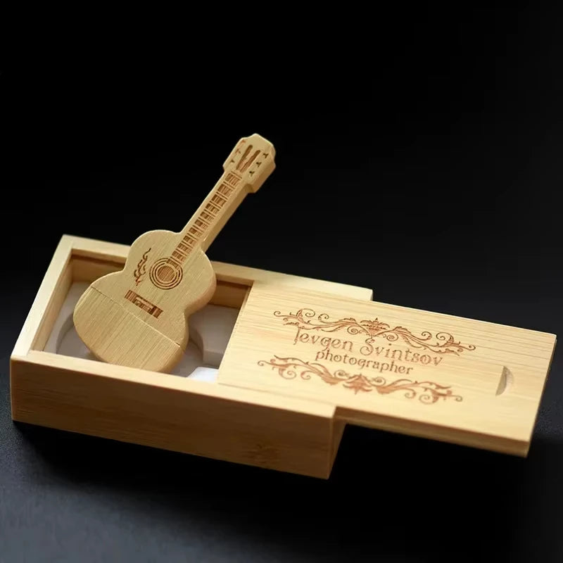 Wooden Guitar USB2.0 Flash Drive 4G 8G 16G 32G 64GB 128G Comes With Key Chain Gifts Pen Drives Box Memory Stick