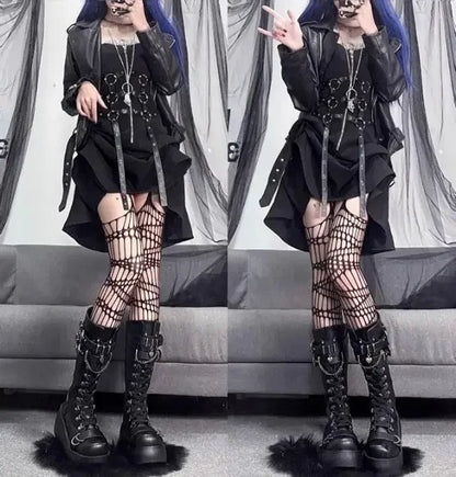 Motorcycle Boots Platform Boots for Women Wedges Knee High Black Lace Up Fashion Goth Gothic Boots Punk Shoes Girls Winter