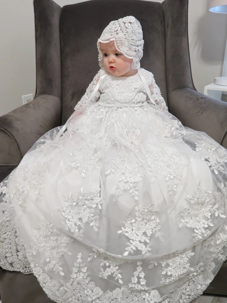 Customized Baby Baptism Dress Flower Girl Dress Pearls Floral Appliques Long Sleeve Wedding Birthday Party Holy Communion Gown