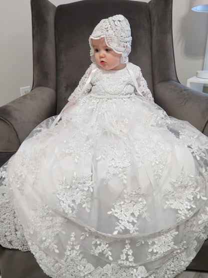 Customized Baby Baptism Dress Flower Girl Dress Pearls Floral Appliques Long Sleeve Wedding Birthday Party Holy Communion Gown