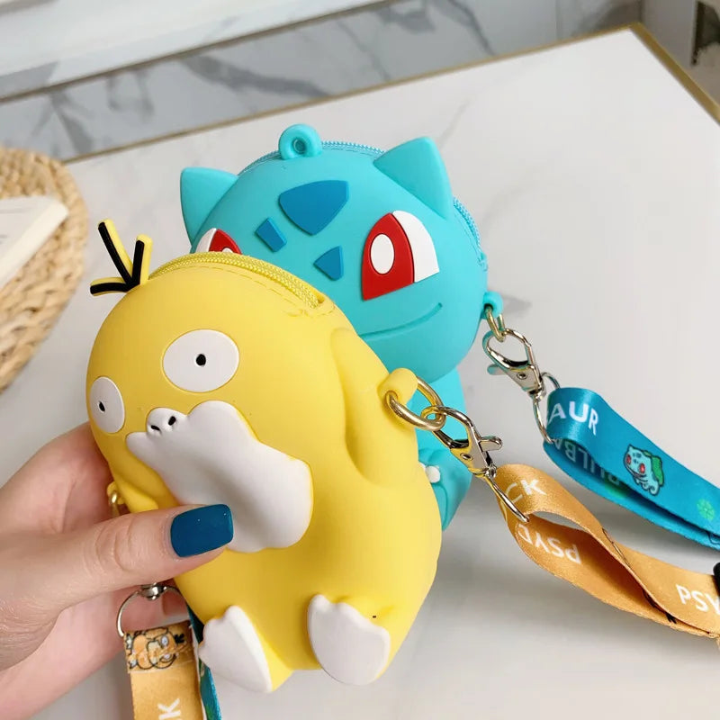 Pokemon Coin Purse Pikachu Anime Figures Cartoon Model Silicone Wallet Kawaii Personality Fashion  Shoulder Bag Kids Toys Gifts