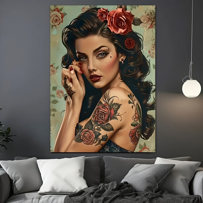 1pc with frame -Tattooed pinup rose floral art Theme Canvas Wall Art Framed Painting Clearance Sale, 2D Flat, Suitable for Halloween, Christmas, Winter and Summer, Luxury Indoor Decoration for Him/Her, Bedroom, Living Room, B